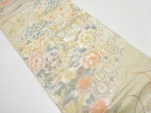 御所車に牡丹・桜・組紐模様織り出し　袋帯